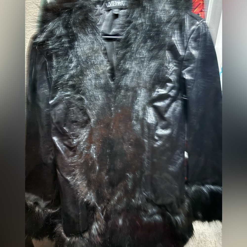 Vegan Leather Coat with fur trim